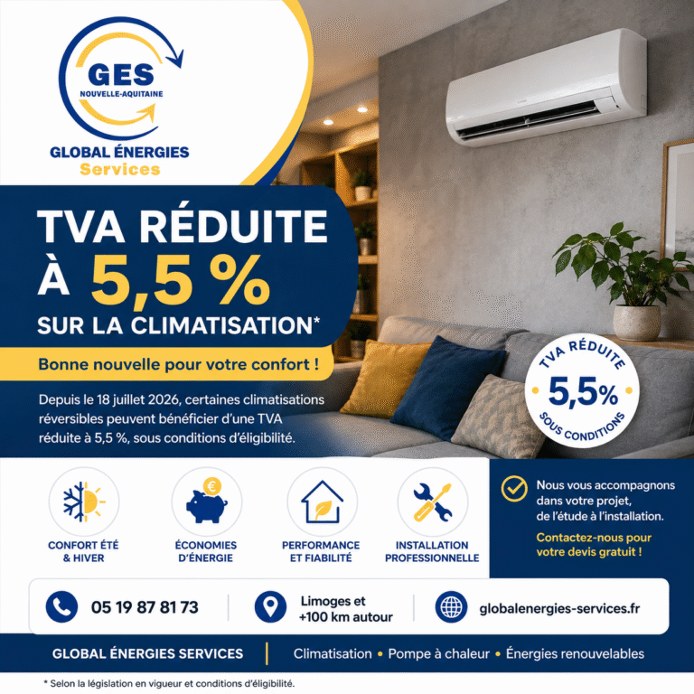 Affiche Global Énergies Services présentant une climatisation réversible dans un salon moderne et annonçant une TVA réduite à 5,5 % sous conditions.